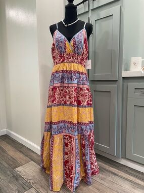 Japna Multicolor Boho Patchwork Maxi Dress in Yellow, Blue & Red